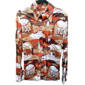 Vintage brown/orange 70s Picture long sleeve shirt M